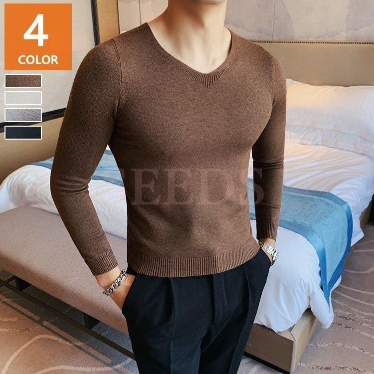 ニットセーター メンズ Vネックニットトップス 長袖 スリムプルオーバーセーター 防寒セーター 無地 秋冬 カットソー 通勤 ビジネス インナーニットトップス 即納 大特価