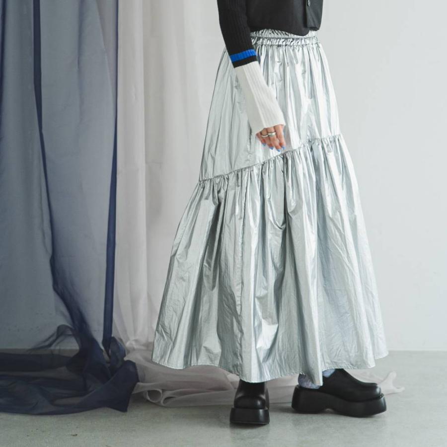 メタリックギャザーデザインスカート ロングスカート シルバー 30代 40  