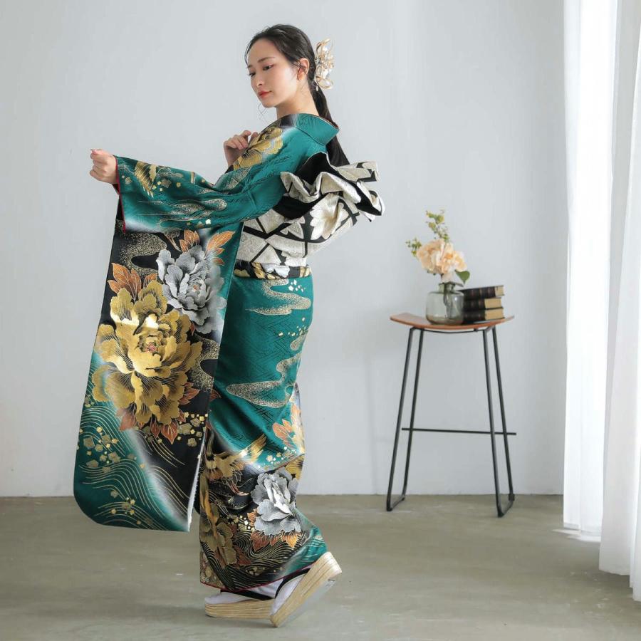 振袖 未仕立て お誂え 新品 成人式 ブランド 桂由美 深緑 牡丹に流水と 