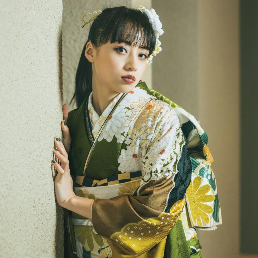 振袖 未仕立て お誂え 新品 成人式 ブランド Vサンク 抹茶 雲取りに菊