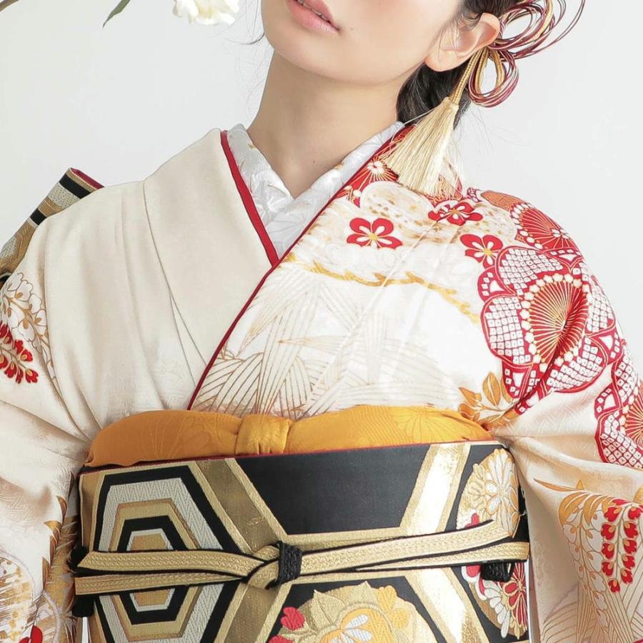 振袖　未仕立て 未仕立て 振袖 22点セット「オフホワイト×茶 菊牡丹に笹」仮絵羽