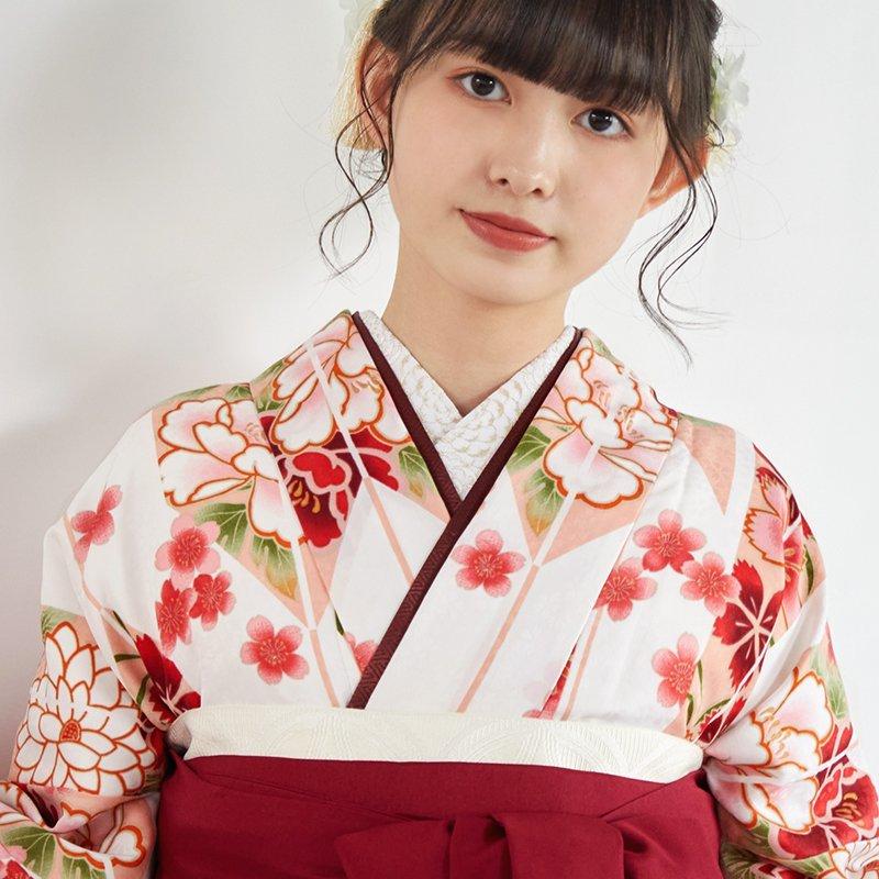 袴 レンタル 小学生 白・赤 矢羽根に牡丹(G556) 卒業式 女の子
