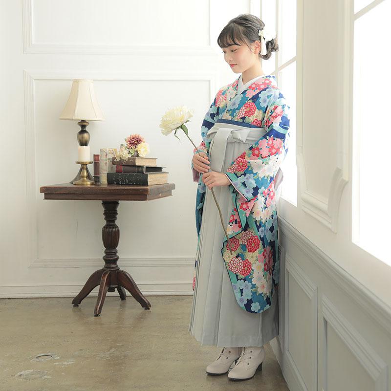 卒業式用　袴　着物セット pom ponette ブルー　はな柄　ストライプ 卒業式用 袴 着物セット pom ponette ブルー はな柄 ストライプ 卒業式用