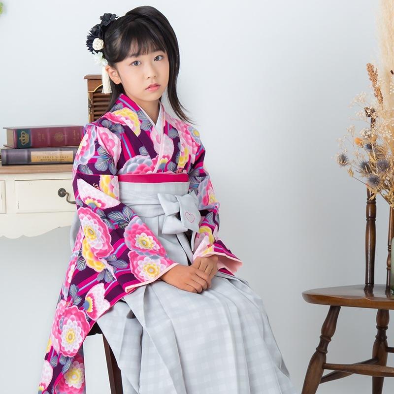 袴 レンタル 小学生 ジェニーラブ JENNI love 紫×ピンク 縦縞に菊尽し