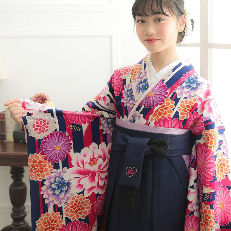 袴 レンタル 小学生 JENNI love 紺ストライプ 菊と牡丹 卒業式 女の子