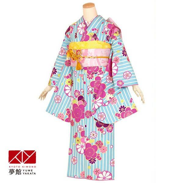 ジュニア振袖 レンタル 九重水色　縞に梅文様(A146)(G678) 小学生 中学生 十三参り 結婚式 フルセット AR062