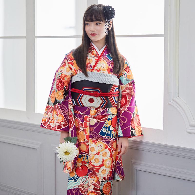 ジュニア振袖 レンタル 九重紫 花扇(G682) 小学生 中学生 十三参り