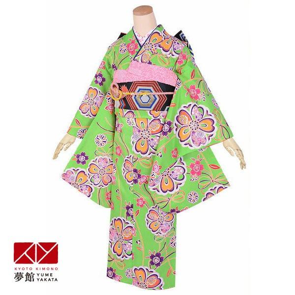 ジュニア振袖 レンタル 和遊日黄緑 花と結び紐(A204) 小学生 中学生 十三参り 結婚式 フルセット AR193