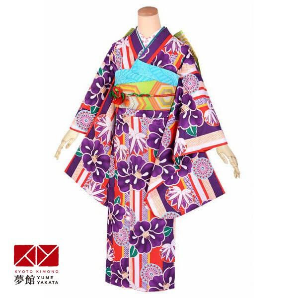 御坊っちゃん振袖 賃借 和遊日 坦々たる 訳あり特価 紫 縦縞 椿と葵・菊(A195) 小学生 中学生 十三参り 華燭の典 フルセット AR205