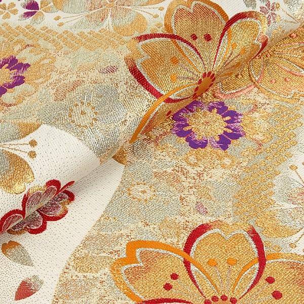 帯 レンタル 正絹 振袖用帯 白金 流水に桜と華文 B1288 : 京都着物