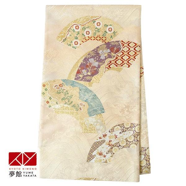 帯 レンタル 正絹 訪問着用帯 金 波に草花と割付模様の地紙