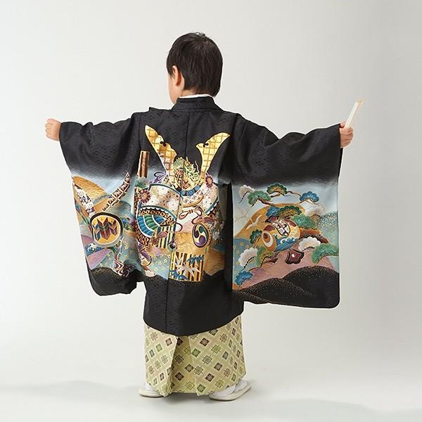 ☆tomayu専用☆５歳　シンプル着物 黒とベージュ 753 七五三 着物 レンタル 5歳 男の子 黒兜×ベージュ菱格子