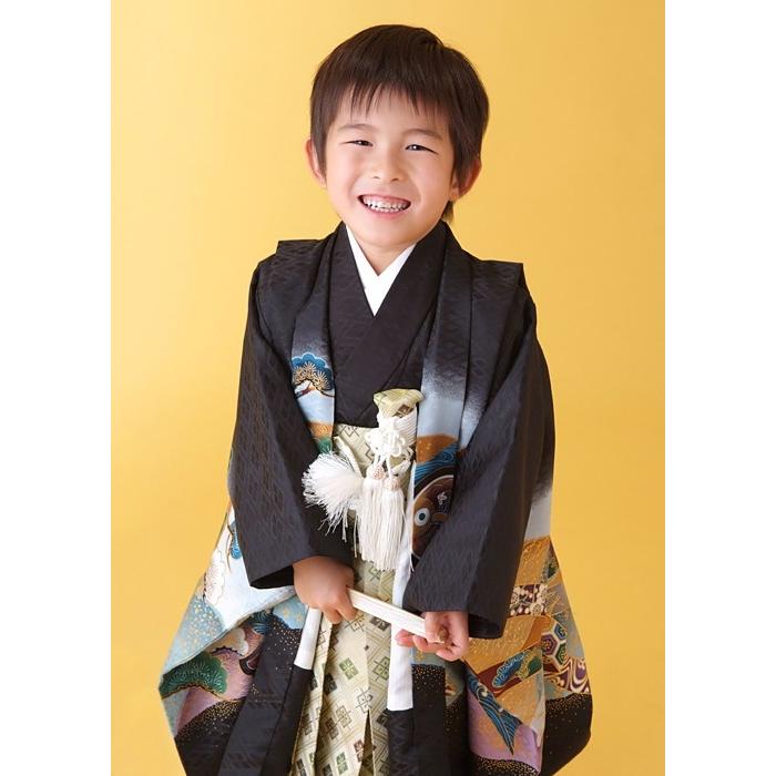 753 七五三 着物 レンタル 5歳 男の子 黒兜×ベージュ菱格子