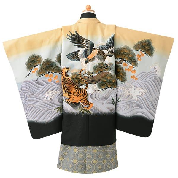 753 5歳　男の子　鷹　富士　黒　金 七五三 着物 レンタル 753 5歳 男の子 薄橙色×黒 波に虎と鷹 端午の