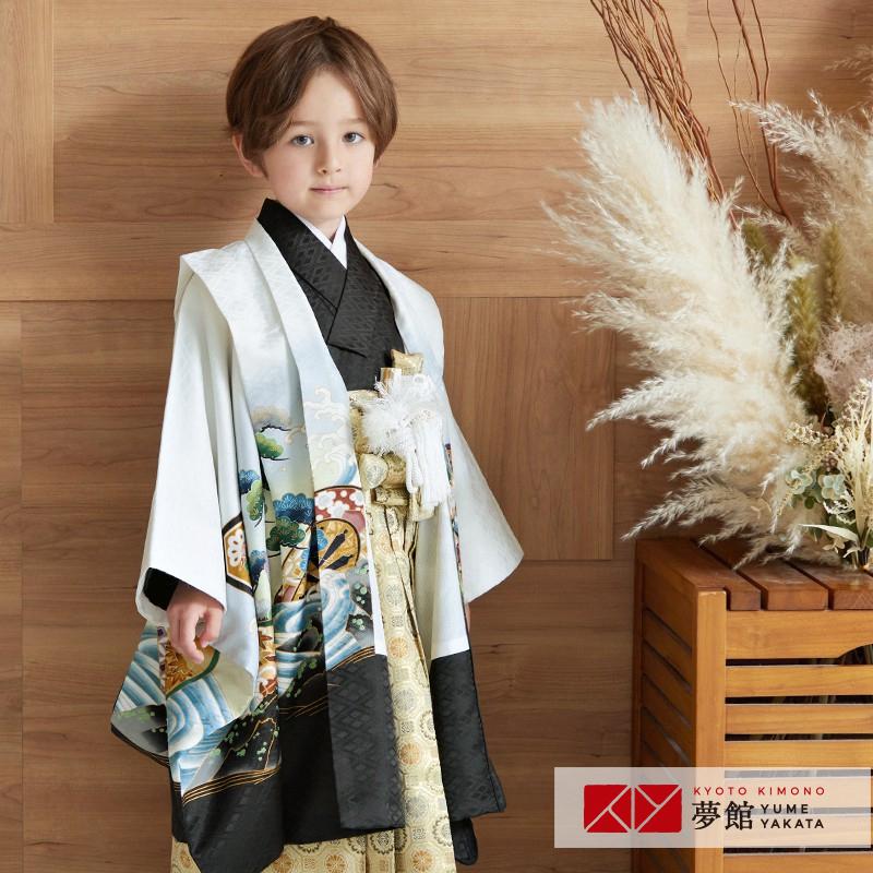 七五三 着物 レンタル 753 5歳 男の子 白×黒 鷹に向かい鶴菱 端午の