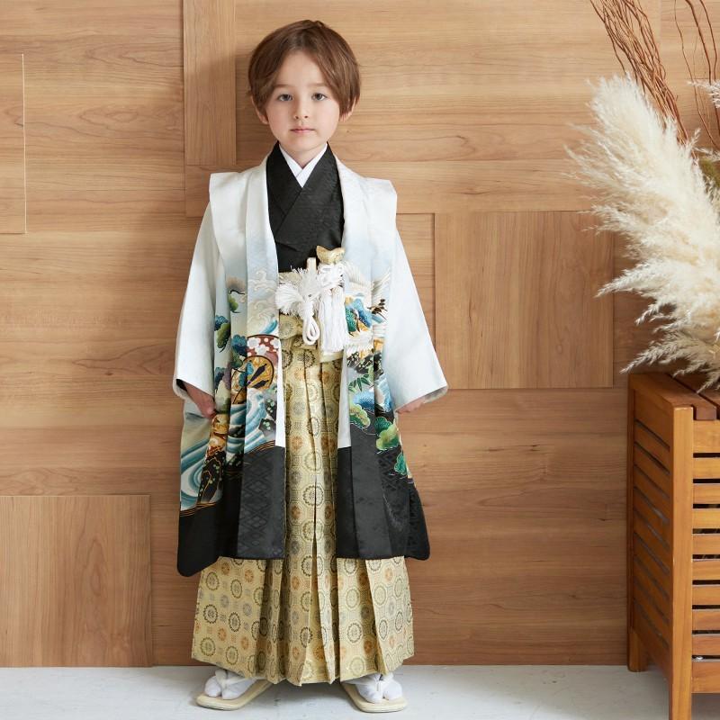七五三 着物 レンタル 753 5歳 男の子 白×黒 鷹に向かい鶴菱 端午の