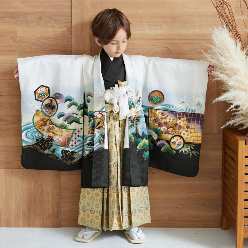 七五三 着物 レンタル 753 5歳 男の子 白×黒 鷹に向かい鶴菱 端午の