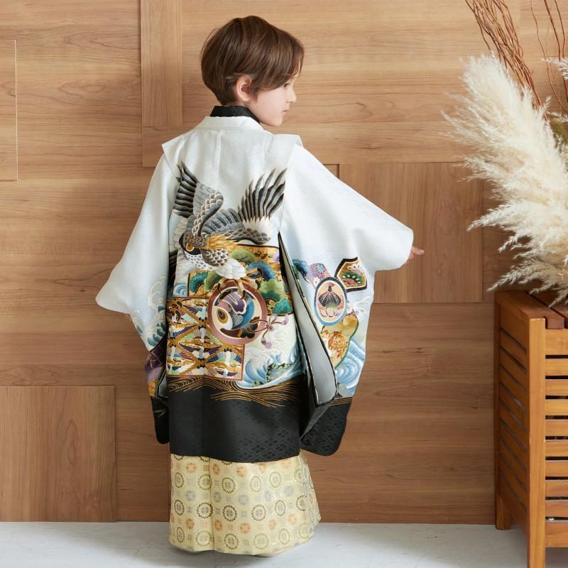 七五三 着物 レンタル 753 5歳 男の子 白×黒 鷹に向かい鶴菱 端午の