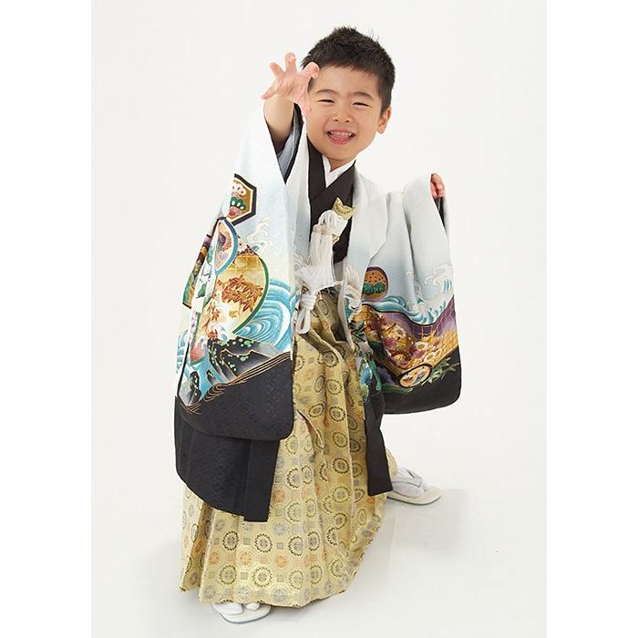 七五三 着物 レンタル 753 5歳 男の子 白×黒 鷹に向かい鶴菱 端午の