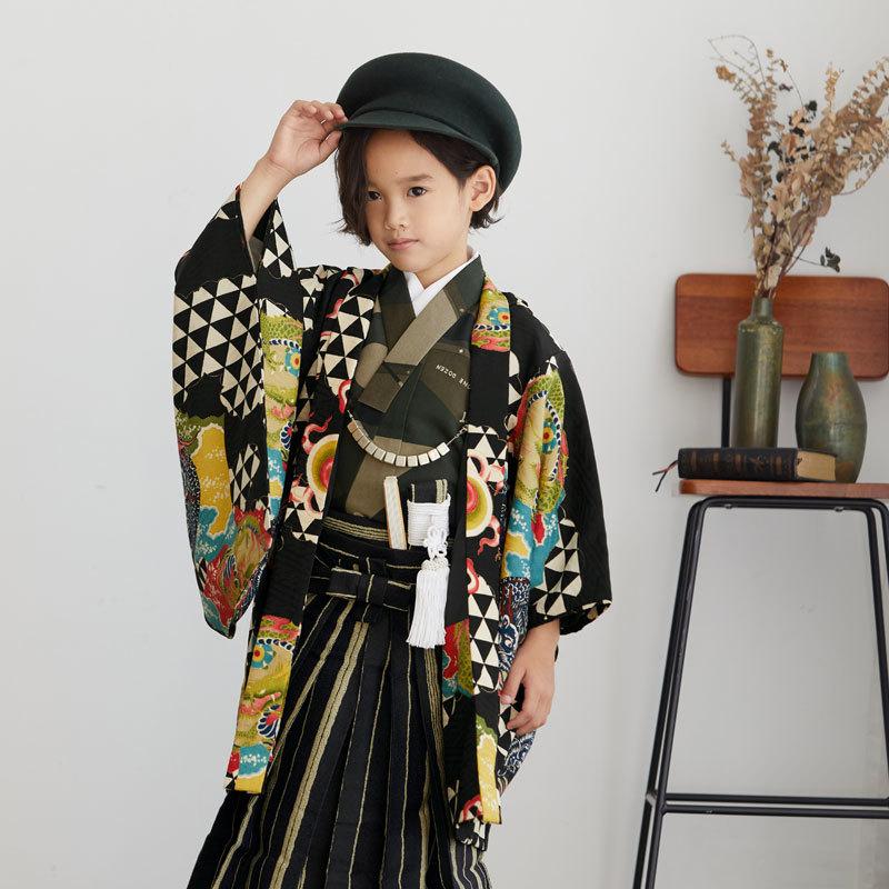 七五三　5歳　男の子　ブランド着物　モダンアンテナ　着物と袴セット 七五三 着物 レンタル 753 5歳 男の子 モダンアンテナ ブランド着物 黒