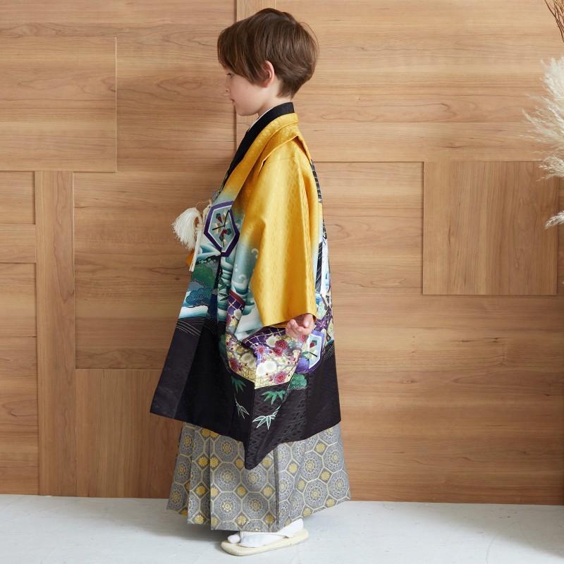 七五三 着物 レンタル 753 5歳 男の子 薄橙色×黒 鷹に波と菱格子 端午