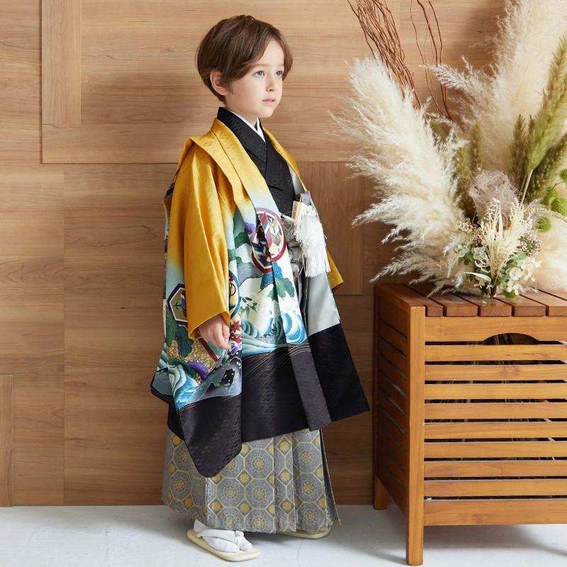 七五三 着物 レンタル 753 5歳 男の子 薄橙色×黒 鷹に波と菱格子 端午