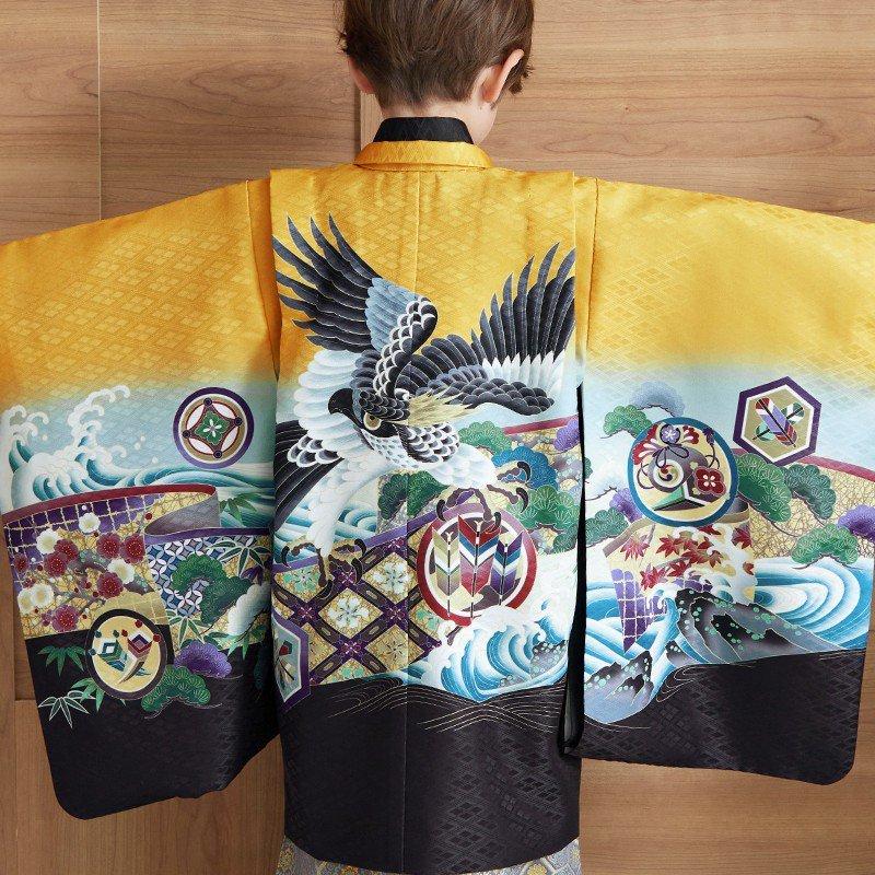七五三 着物 レンタル 753 5歳 男の子 薄橙色×黒 鷹に波と菱格子 端午