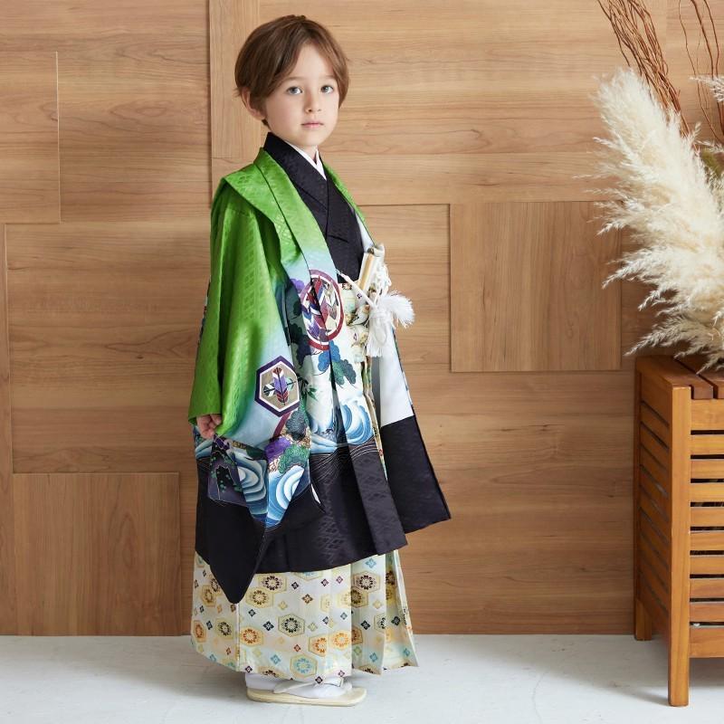 七五三 着物 レンタル 753 5歳 男の子 緑 鷹に波と菱格子 端午の節句