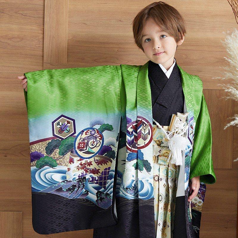753 七五三 着物 レンタル 5歳 男の子 緑 鷹に波と菱格子 端午の 753 七五三 着物 レンタル 5歳 男の子 緑 鷹に波と菱格子 端午の
