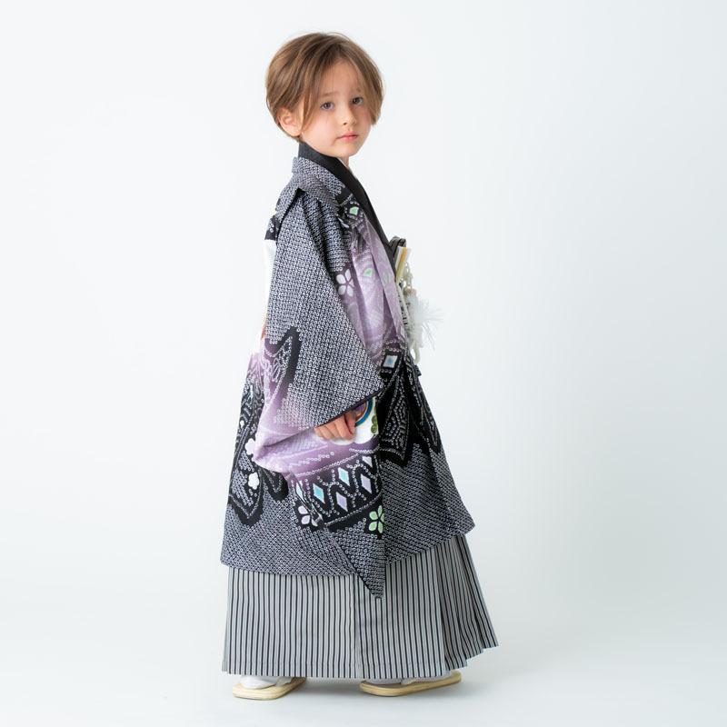 No.4 七五三　男の子 753 七五三 着物 レンタル 5歳 男の子 白×紫×黒 兜に熨斗 端午の