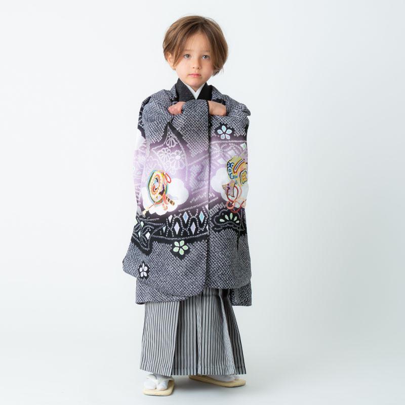 七五三 着物 レンタル 753 5歳 男の子 安い 訳あり特価 黒×紫 兜に熨斗