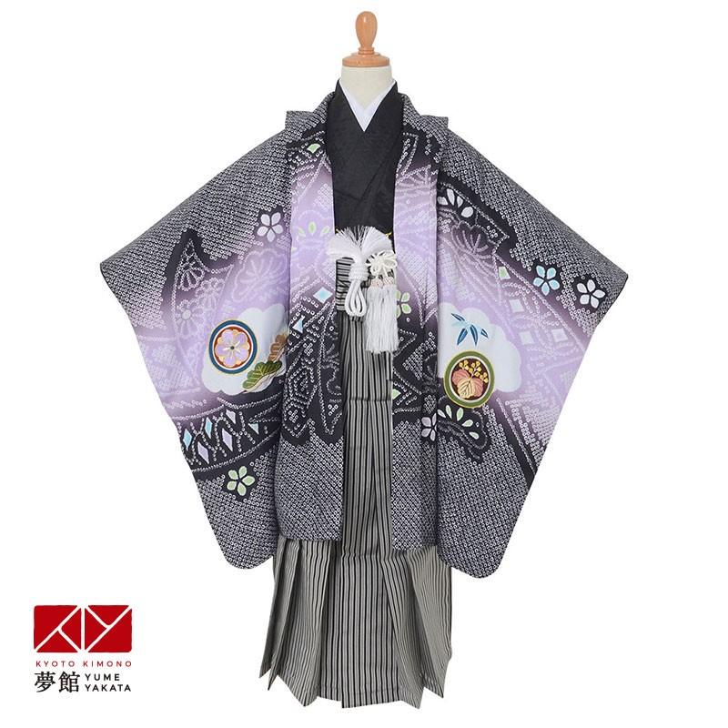 七五三 着物 レンタル 753 5歳 男の子 黒×紫 鷹に熨斗 端午の節句