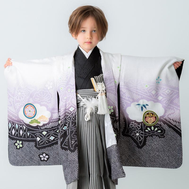 No.4 七五三　男の子 753 七五三 着物 レンタル 5歳 男の子 白×紫×黒 兜に熨斗 端午の