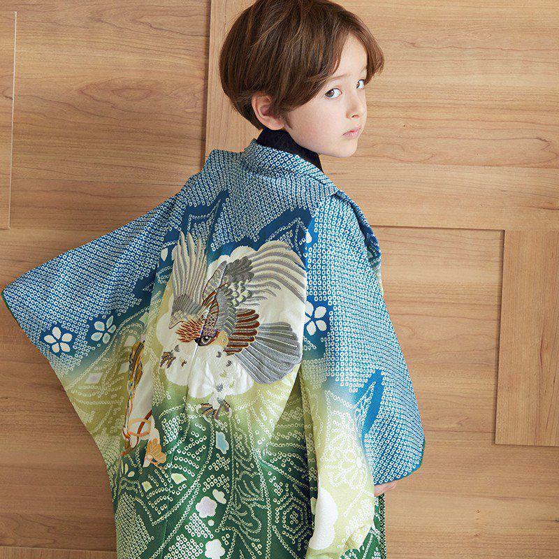 セール開催中！753 七五三 着物 レンタル 5歳 男の子 青×緑 鷹に