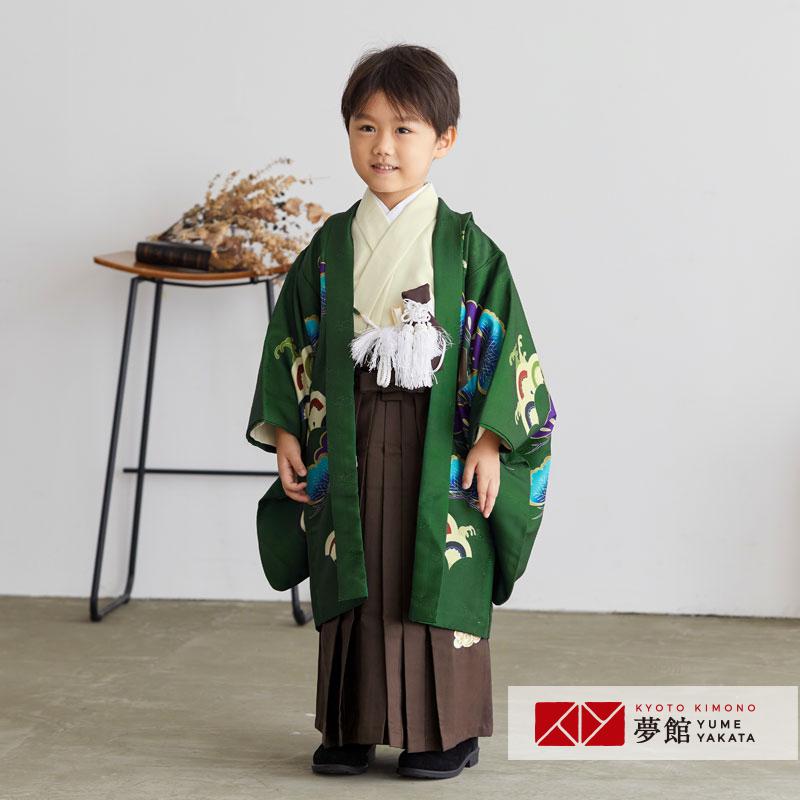 753 七五三 着物 レンタル 5歳 男の子 深緑鷹に吉祥紋×茶瑞雲