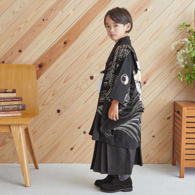 七五三 着物 レンタル 753 5歳 男の子 九重 ブランド着物 黒大波に帆船