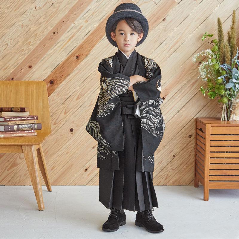 七五三 着物 レンタル 753 5歳 男の子 九重 ブランド着物 黒大波に帆船