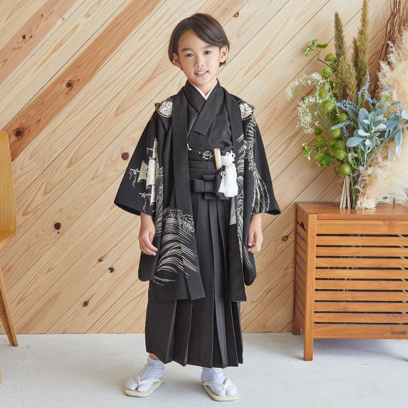 7歳七五三セット(九重/黒) 七五三 着物 レンタル 753 5歳 男の子 九重 ブランド着物 黒大波に帆船