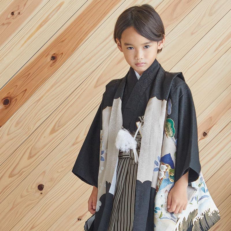 七五三 着物 レンタル 753 5歳 男の子 黒鷹に大波×黒縞 端午の節句