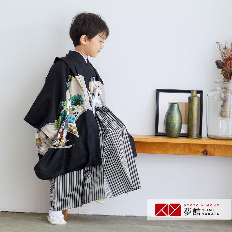 753 七五三 着物 レンタル 5歳 男の子 黒兜に熨斗×黒縞 端午の節句 こどもの日 BY067