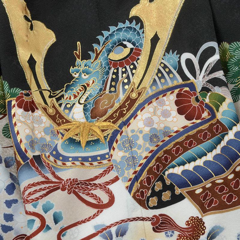 七五三 着物 レンタル 753 5歳 男の子 黒兜に熨斗×黒縞 端午の節句