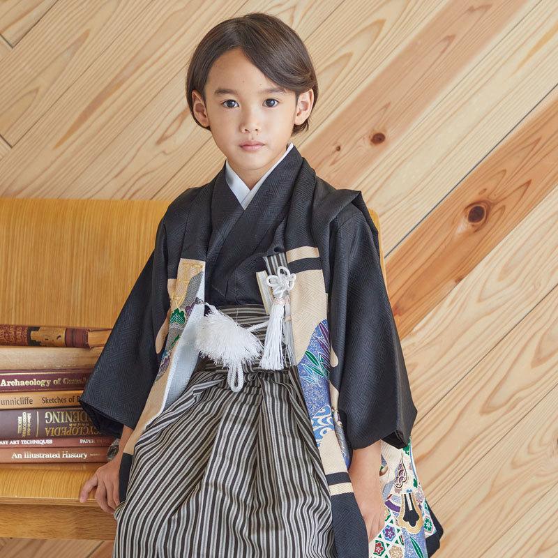 七五三 着物 レンタル 753 5歳 男の子 黒兜に軍配×黒縞 端午の