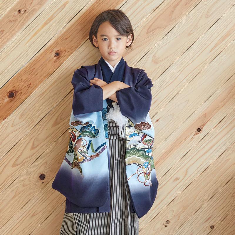 753 七五三 着物 レンタル 5歳 男の子 紺兜に絵巻物×黒縞 端午の
