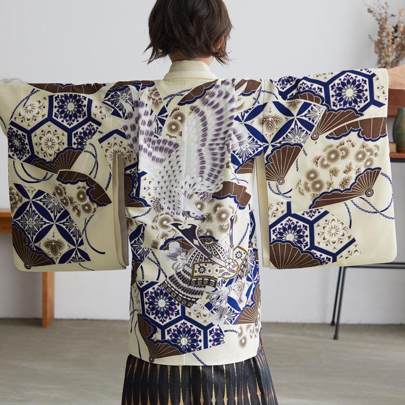 七五三 着物 レンタル 753 5歳 男の子 クリーム扇面兜に鷹×黒菱型 端午