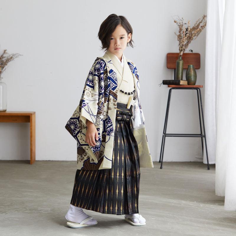 753 七五三 着物 レンタル 5歳 男の子 クリーム扇面兜に鷹×黒菱型 五歳