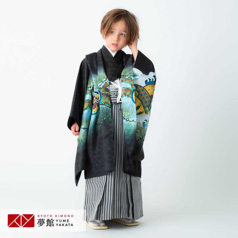 セール開催中！753 七五三 着物 レンタル 5歳 男の子 黒 兜に軍配×黒縞袴 端午の節句 こどもの日 BY092