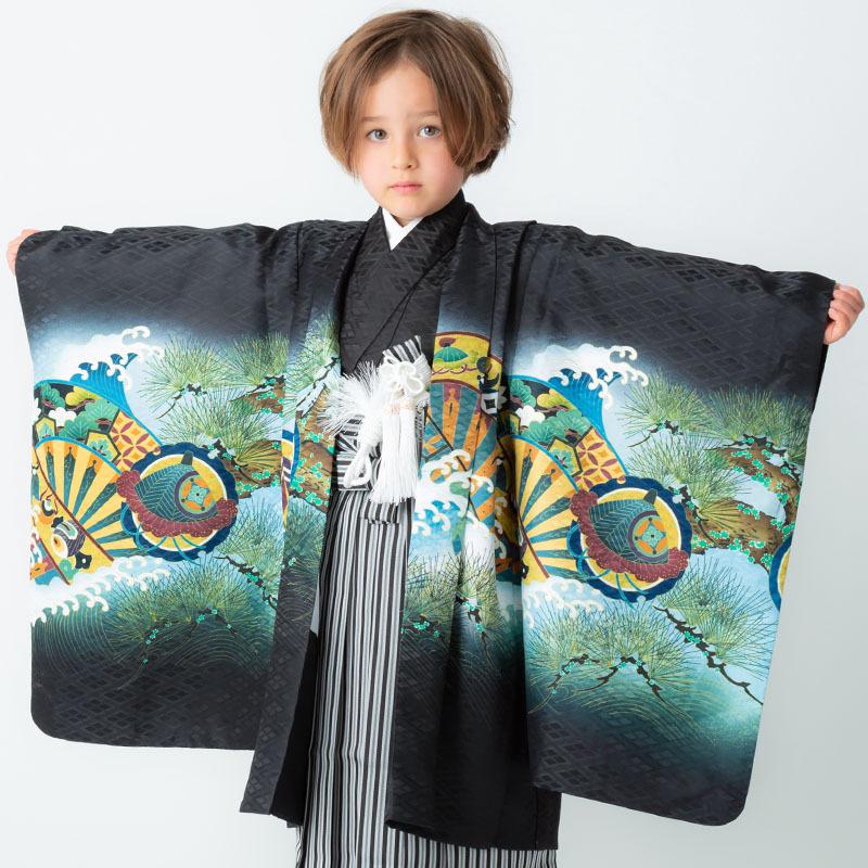 七五三 着物 レンタル 753 5歳 男の子 黒 兜に軍配×黒縞袴 端午の節句