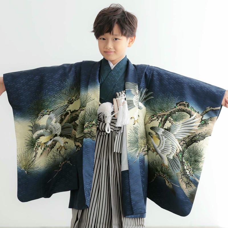 七五三 着物 レンタル 753 5歳 男の子 紺 鷹に松×黒縞(BY190) 端午の