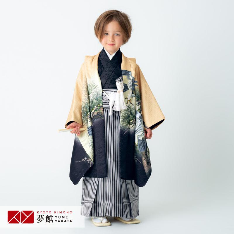 七五三 着物 レンタル 753 5歳 男の子 薄金茶×黒 鷹に松×黒縞 端午の