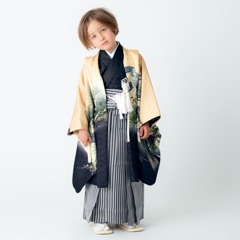 七五三 着物 レンタル 753 5歳 男の子 薄金茶×黒 鷹に松×黒縞 端午の